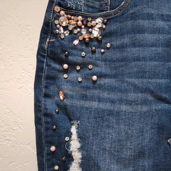 Denim Blvd Distressed Rhinestone Beaded Mini Skirt - Picture 3 of 8
